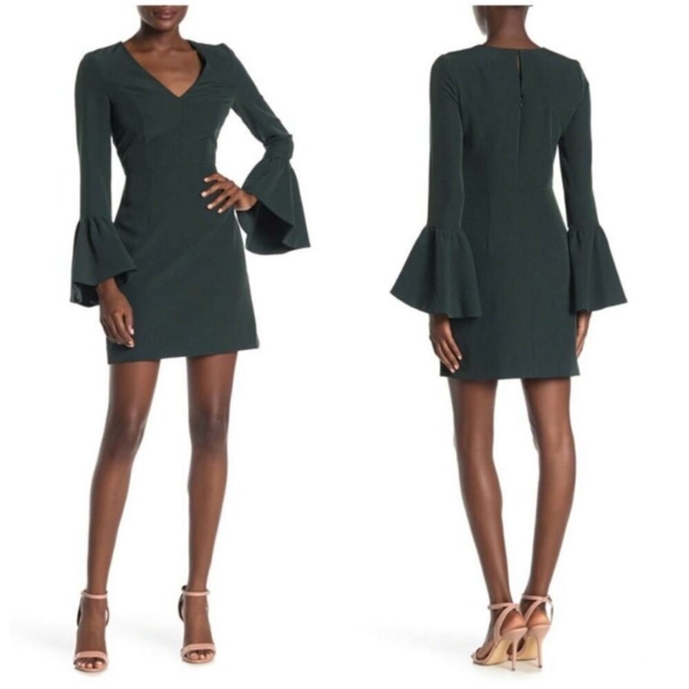 Milly, V-Neck Hunter Green Party Preppy Creoe, Bell Sleeve Fitted Mini Dress